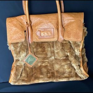 Badgely Mischka Faux Fur and Leather Tote Handbag